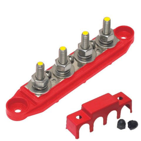 Heavy Duty Busbar 250A 4 X M8 Stainless Steel Studs Incl Protective Cover Red