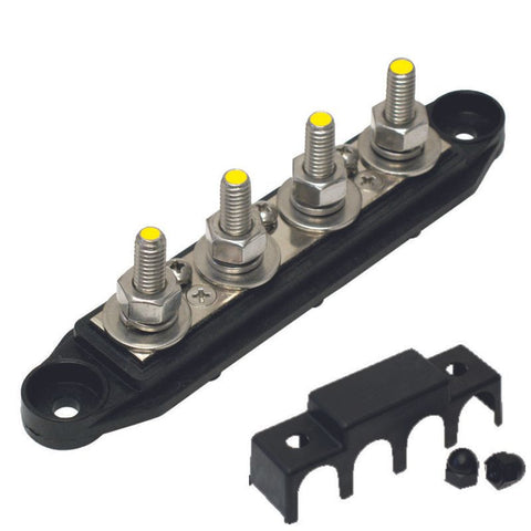 Heavy Duty Busbar 250A 4 X M8 Stainless Steel Studs Incl Protective Cover Black