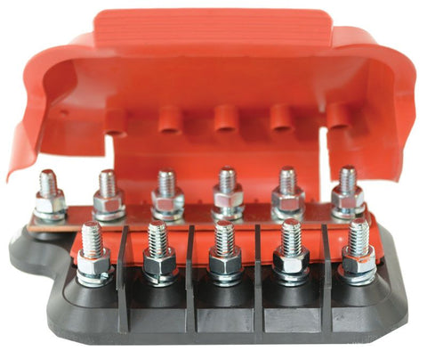 5 WAY M8 MEGA FUSE HOLDER 300A COMBINED CURRENT RATING BLACK HOUSING RED COVER